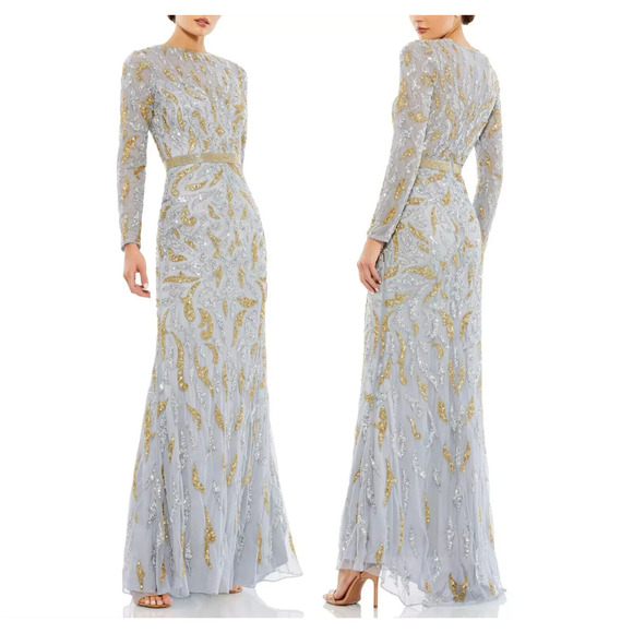 NWT Mac Duggal Beaded Long Sleeve Evening Gown 5124 Platinum Gold - Picture 3 of 7